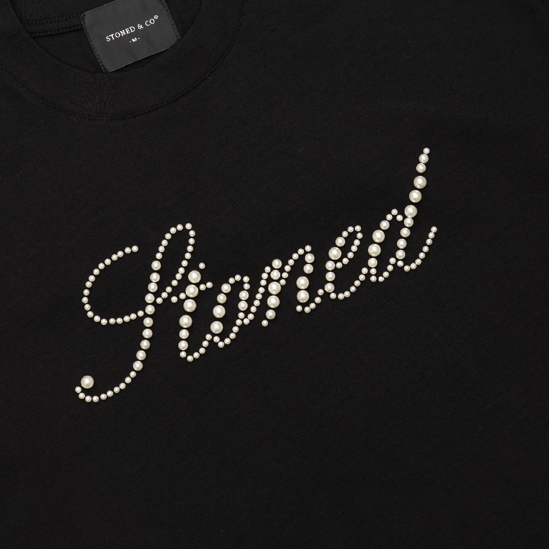 STONED | Cursive Pearl Logo Tee Black - SWAGANZ