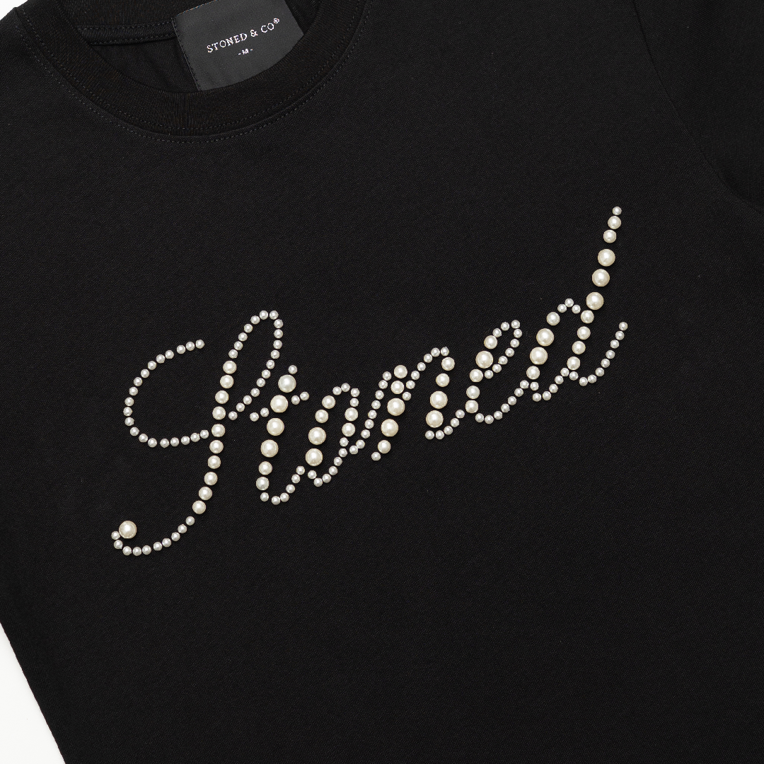STONED |  Cursive Pearl Crop Top Black - SWAGANZ