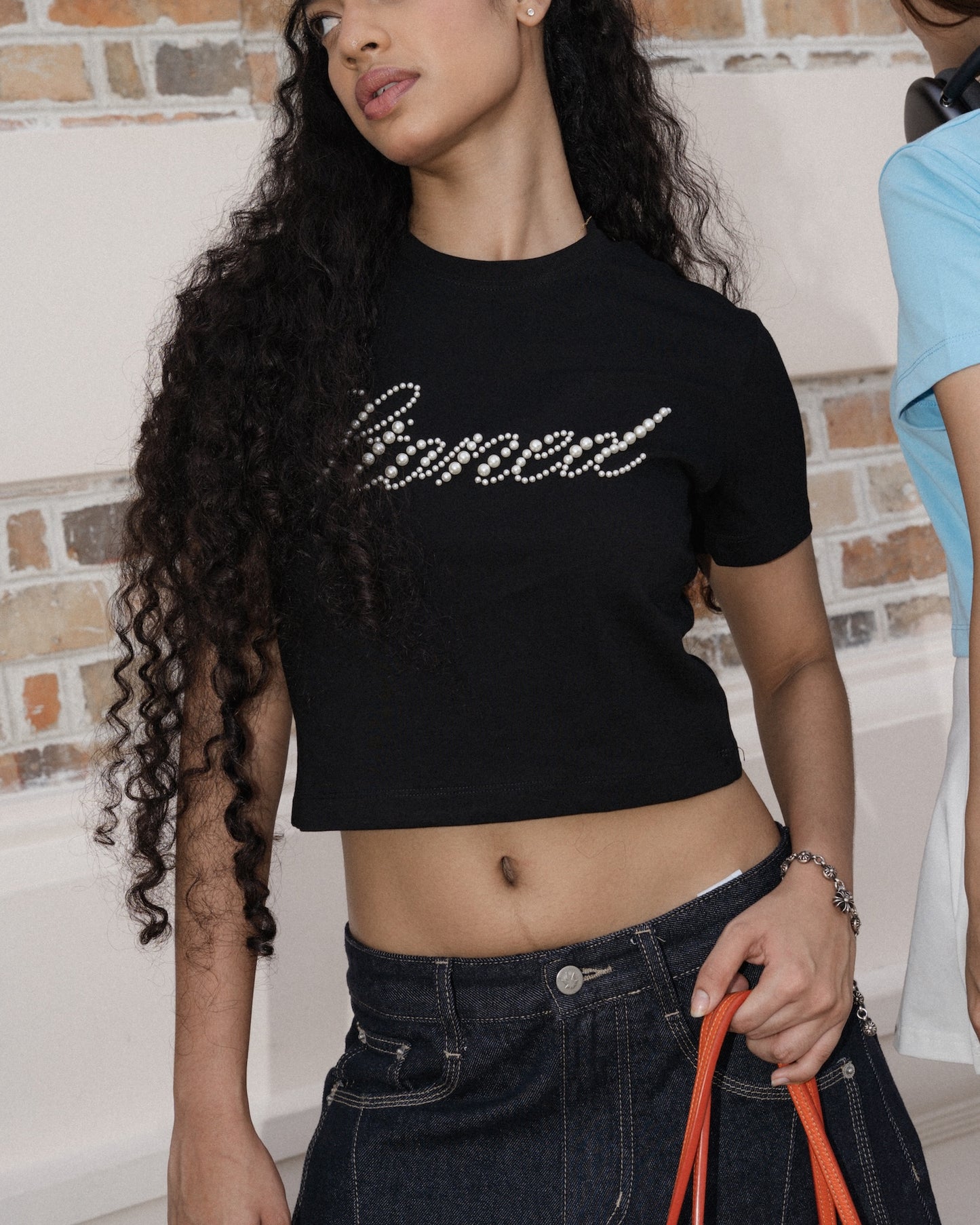STONED |  Cursive Pearl Crop Top Black - SWAGANZ