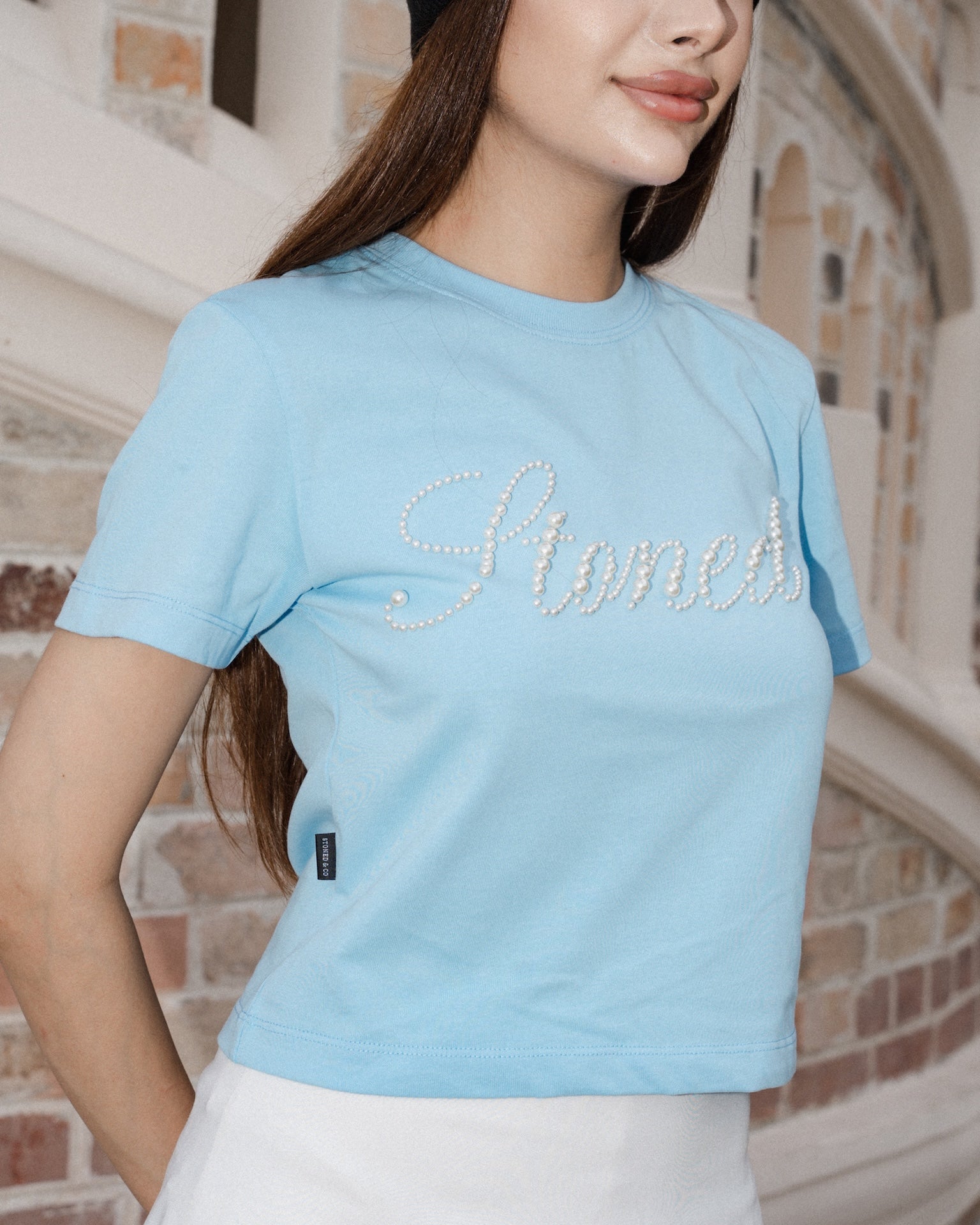 STONED |  Cursive Pearl Crop Top Blue - SWAGANZ