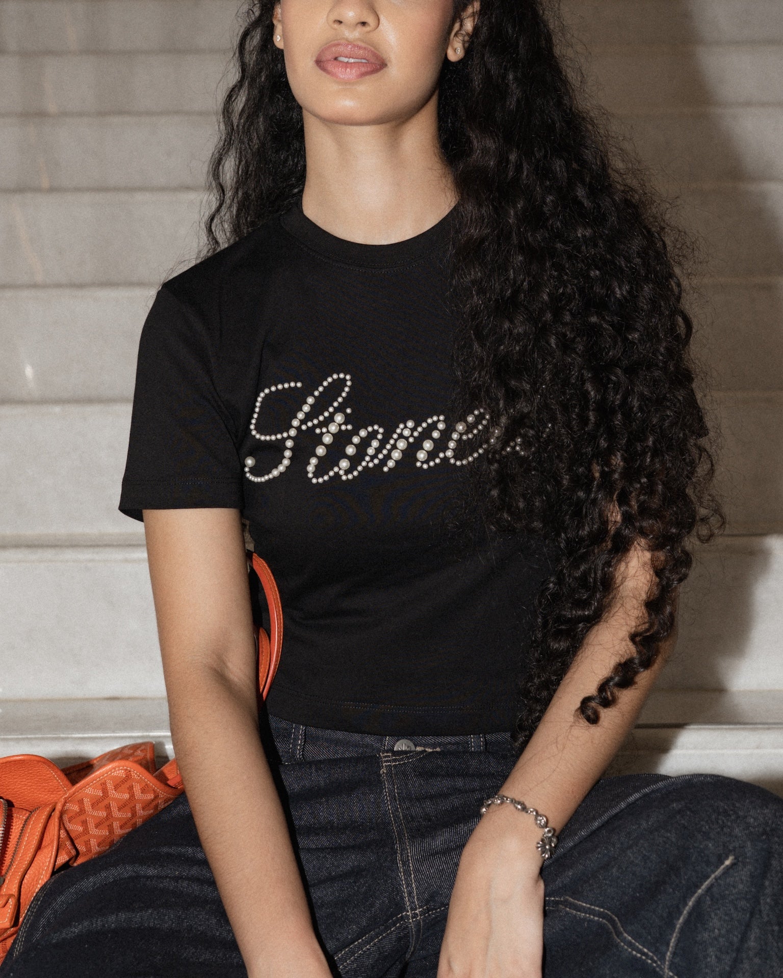 STONED |  Cursive Pearl Crop Top Black - SWAGANZ