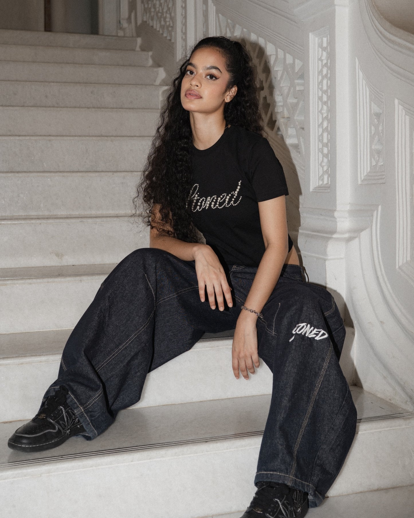 STONED |  Cursive Pearl Crop Top Black - SWAGANZ