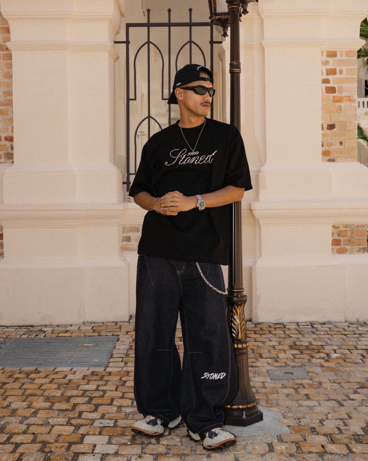 STONED | Cursive Pearl Logo Tee Black - SWAGANZ