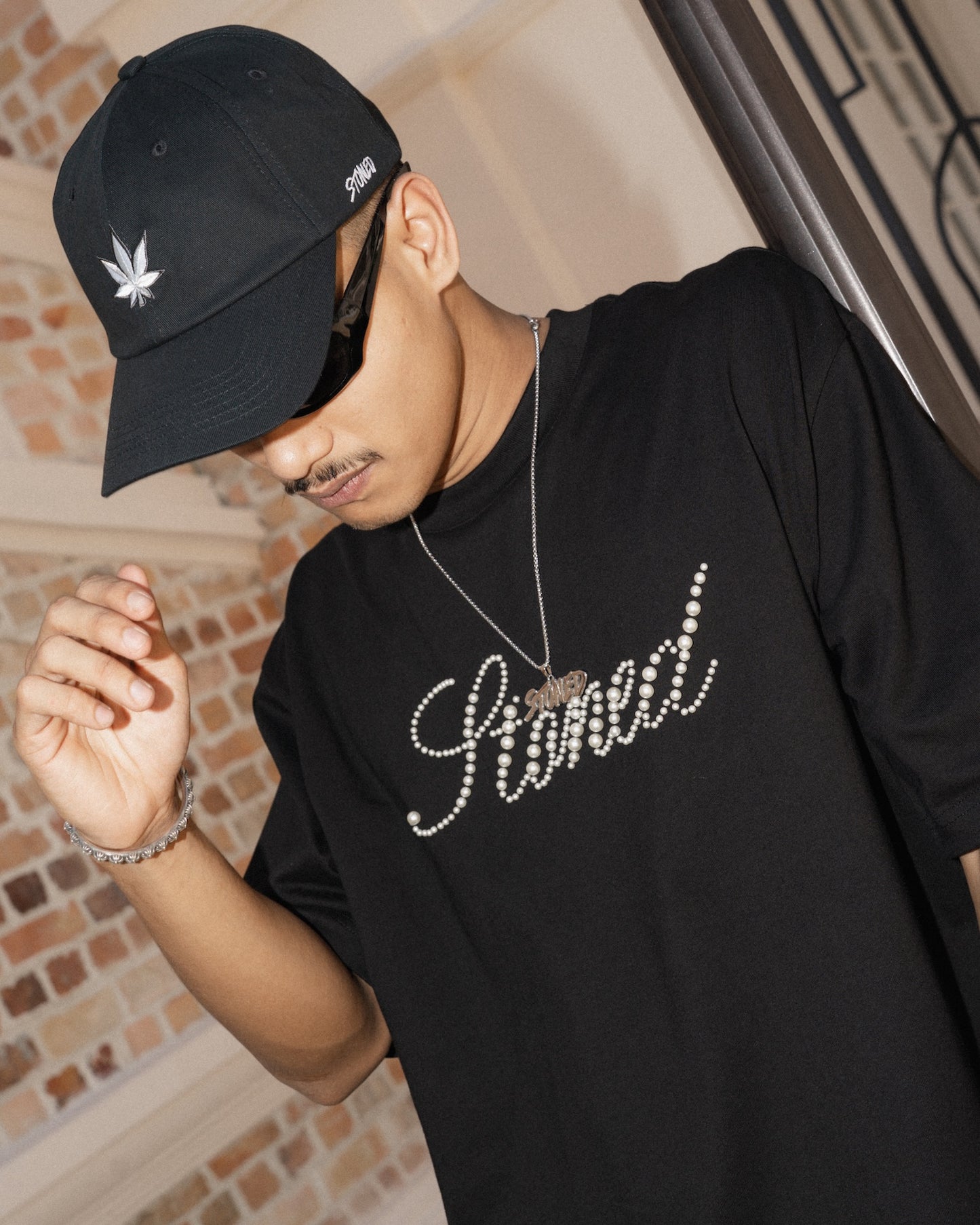 STONED | Cursive Pearl Logo Tee Black - SWAGANZ