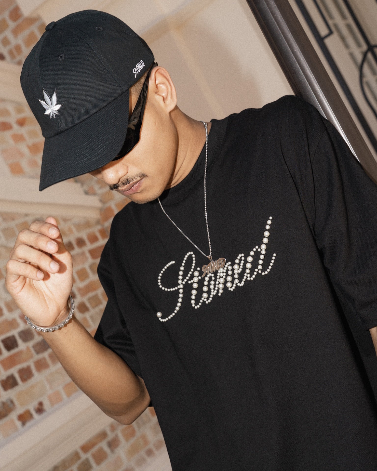 STONED | Cursive Pearl Logo Tee Black - SWAGANZ
