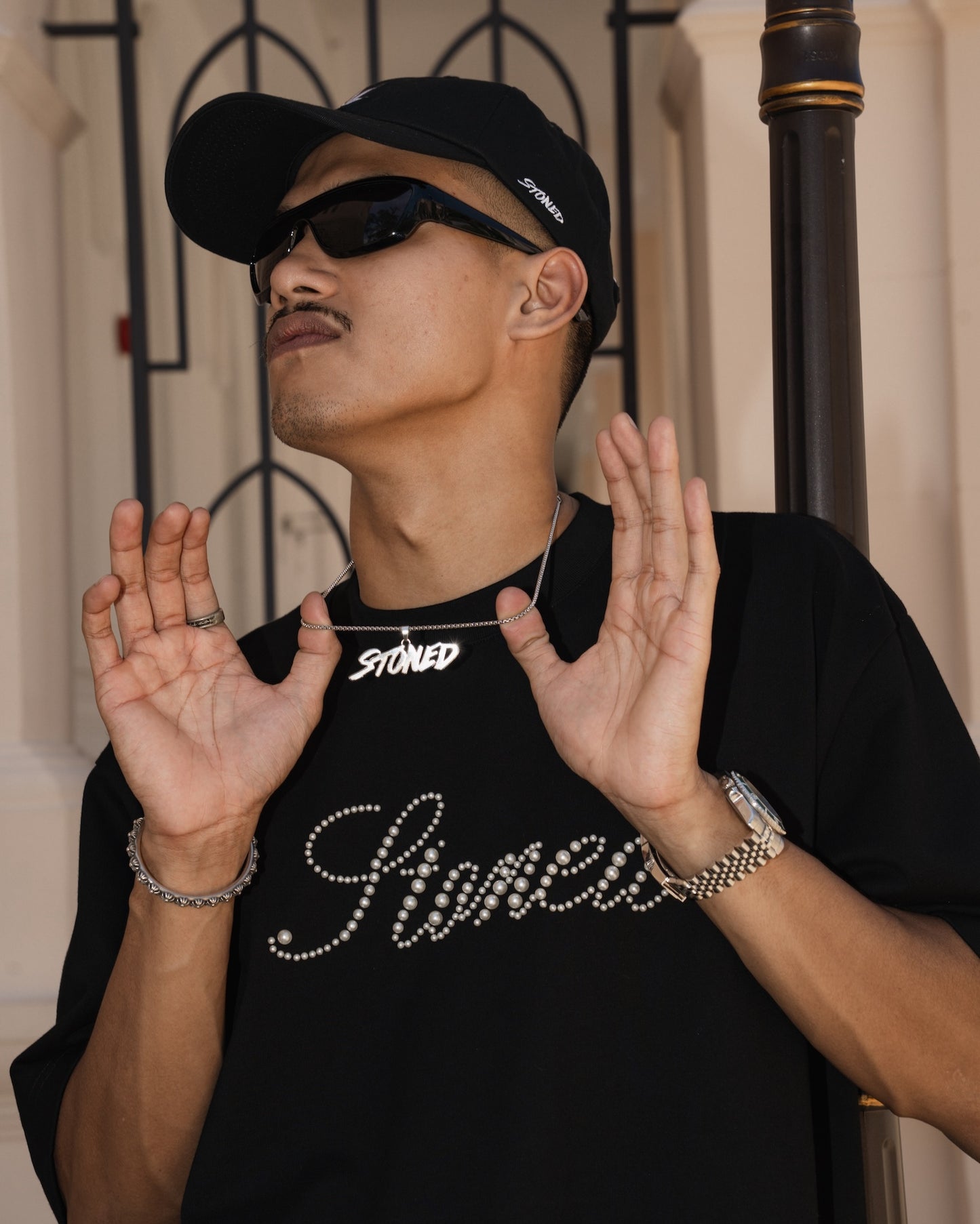 STONED | Cursive Pearl Logo Tee Black - SWAGANZ